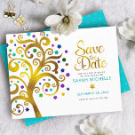 Reserva La Fecha Bat Mitzvah Oro Turquesa y Morado Árbol de la Vida<br><div class="desc">¡Asegúrate de que todos tus amigos y parientes puedan celebrar el hito de tu hija Bat Mitzvah! Envía este impresionante y gráfico árbol de Relieve metalizado dorado falso con la estrella brillante turquesa, verde azulada, morada y azul de David y las "hojas" de punto en un fondo blanco, personalizada tarjeta...</div>