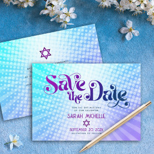 Reserva La Fecha Bat Mitzvah Retro Azul Púrpura Gradiente Ombre Boh