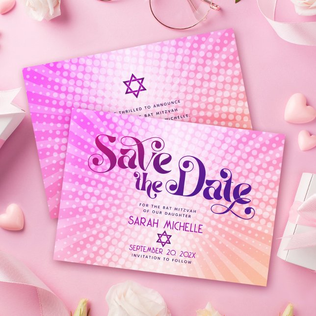 Reserva La Fecha Bat Mitzvah Retro Rosa Naranja Gradiente Ombre Boh (Subido por el creador)