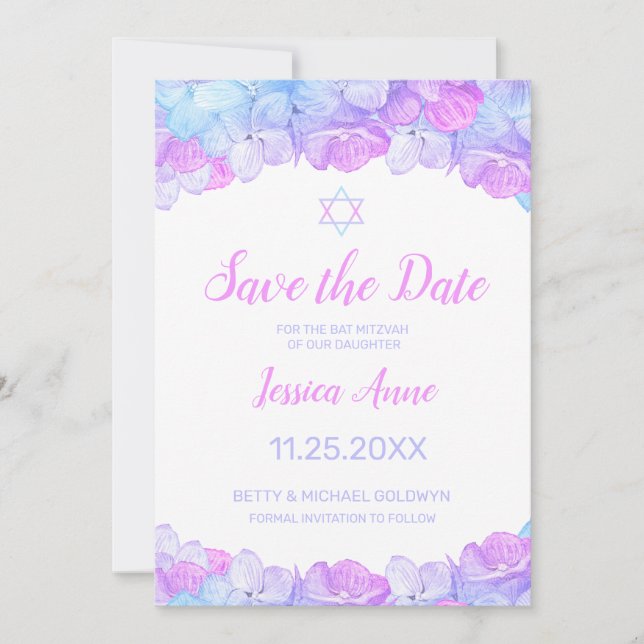 Reserva La Fecha Bat Mitzvah Watercolo Floral Save the Date (Anverso)