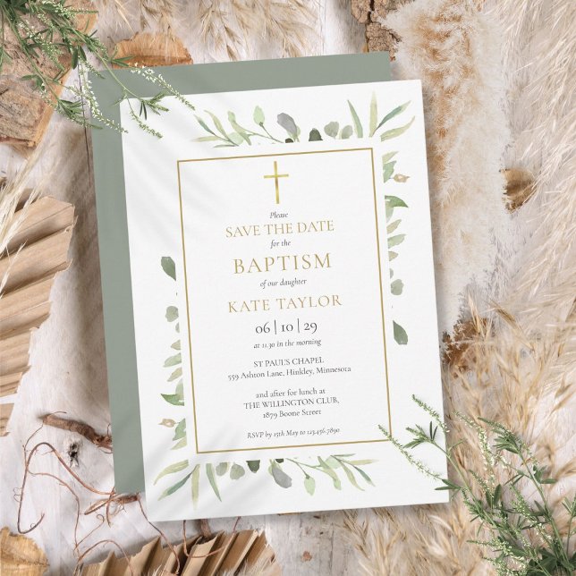 Reserva La Fecha Bautismo Cristiandad Acuarela Follaje (Baptism Christening Watercolor Greenery Save The Date)