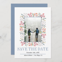 Reserva La Fecha Bayas coloridas, hojas boda azul polvoriento