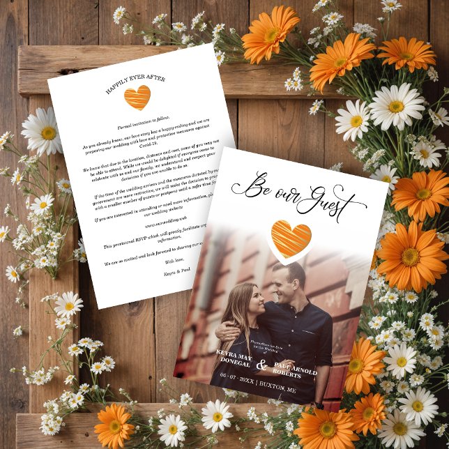 Reserva La Fecha Be our Guest Quote Orange Heart Photo Wedding (Be our Guest Quote Orange Heart Photo Wedding Save the Date with Envelope.)