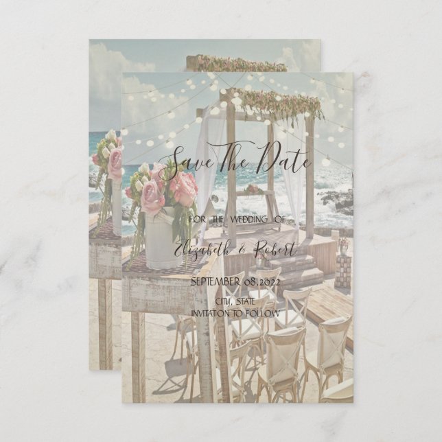 Reserva La Fecha Beach Retro Arbor String Lights Save The Date (Anverso / Reverso)