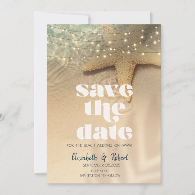 Reserva La Fecha Beach Sea star String Lights Save The Date (Anverso)