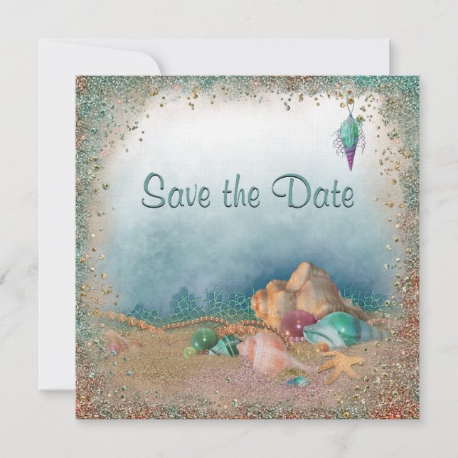 Reserva La Fecha Beach Seashells y el Purpurina Salven al Boda de f (Anverso)