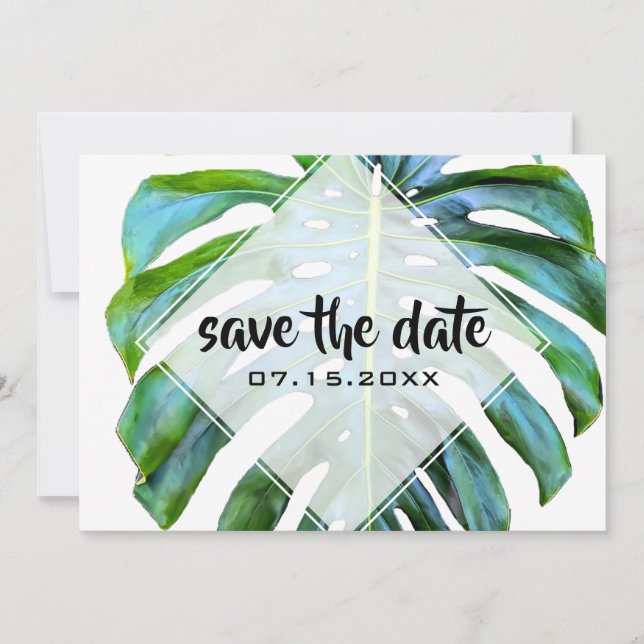 Reserva La Fecha Beach Tropical Leaf Trendy Greenery Save the Date (Anverso)