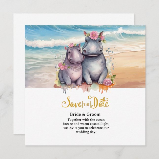 Reserva La Fecha  Beach Wedding with Hippo Couple  (Anverso / Reverso)