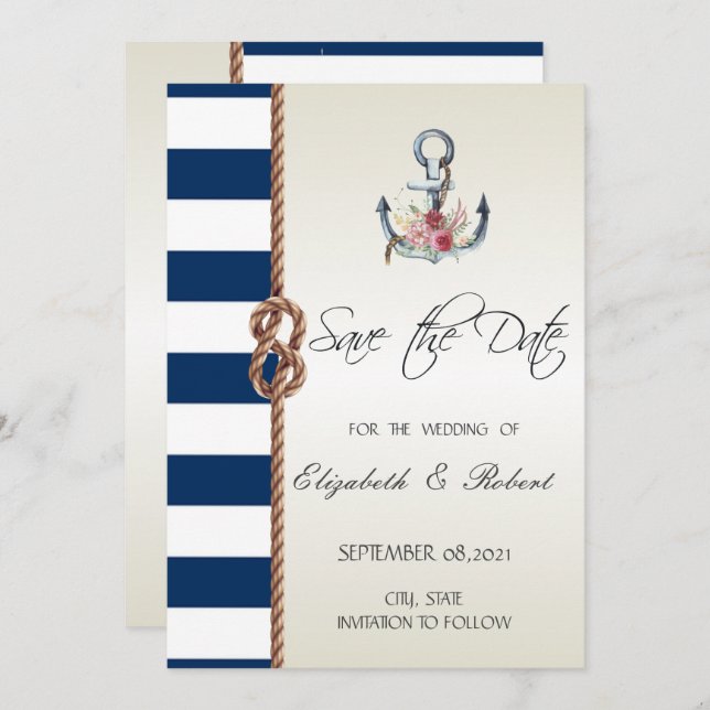 Reserva La Fecha Beach Weddy Navy Rope, Striped Save The Date (Anverso / Reverso)