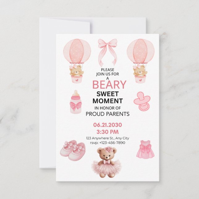 RESERVA LA FECHA BEARY SWEET MOMENT GIRL BABY SHOWER SAVE THE DATE (Anverso)