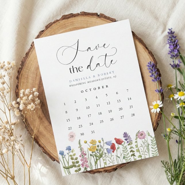 Reserva La Fecha Beautiful Floral Wildflower Wedding Calendar  (modern save the date calendar wildflower wedding invitation in romantic script calligraphy)