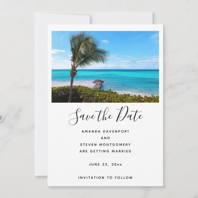 Reserva La Fecha Beautiful Tropical Beach Breezy Palm Tree Wedding (Anverso)