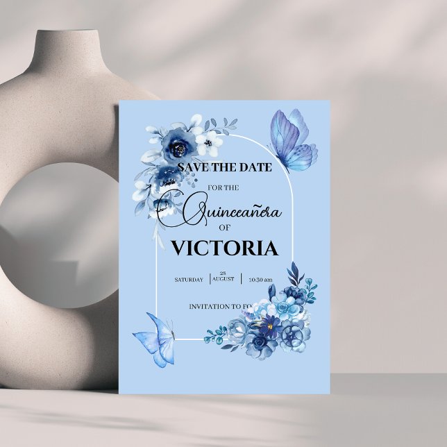 Reserva La Fecha Bebé azul arco mariposas florales Quinceañera (Subido por el creador)