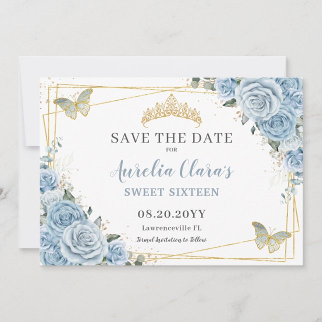Reserva La Fecha Bebé Azul Floral Dulce Dieciséis Mariposas Quince (Anverso)