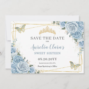 Reserva La Fecha Bebé Azul Floral Dulce Dieciséis Mariposas Quince