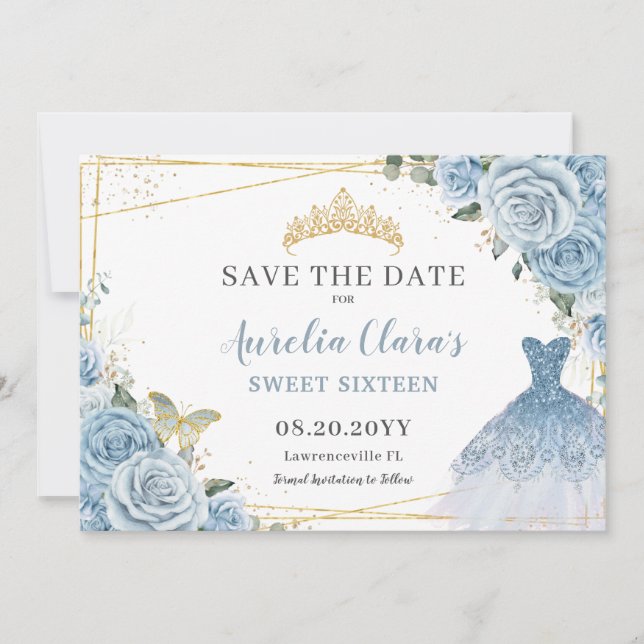 Reserva La Fecha Bebé Azul Floral Quinceanera Dulce Dieciséis Vesti (Anverso)