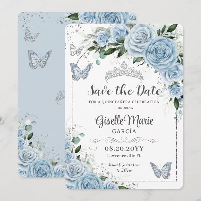 Reserva La Fecha Bebé Blue Floral Silver Quinceañera Butterflies (Anverso / Reverso)