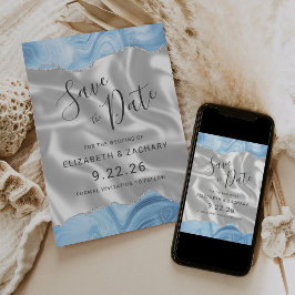 Reserva La Fecha Bebé Blue Silver Agate Seda blanca Salven la fecha