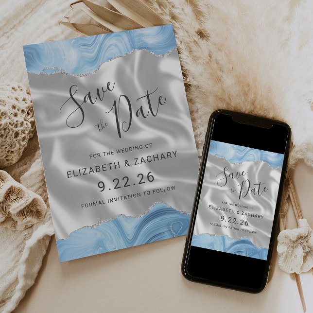 Reserva La Fecha Bebé Blue Silver Agate Seda blanca Salven la fecha (Subido por el creador)