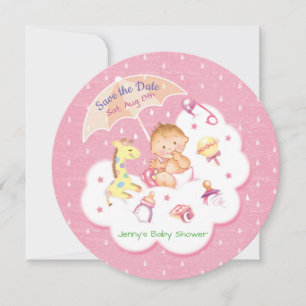 Reserva La Fecha Bebé en la nube rosa bajo el paraguas