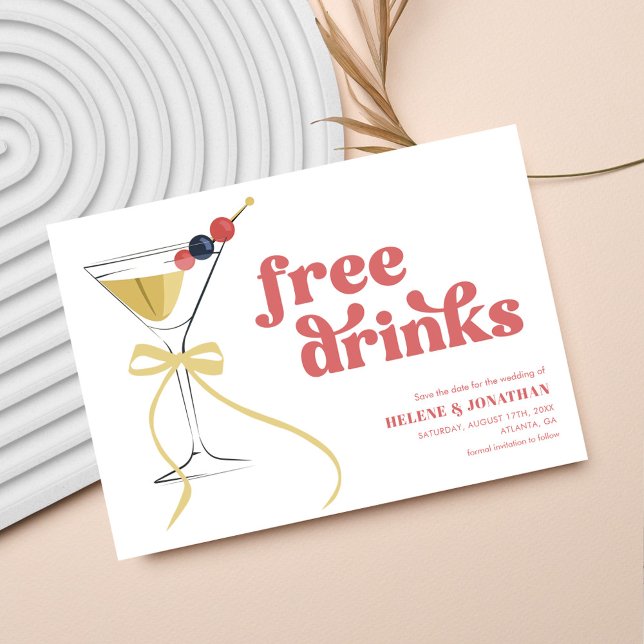 Reserva La Fecha Bebidas Gratis Copa de Martini Moderno Elegante Bo (Free Drinks Martini Bow Modern Elegant Wedding Save The Date)