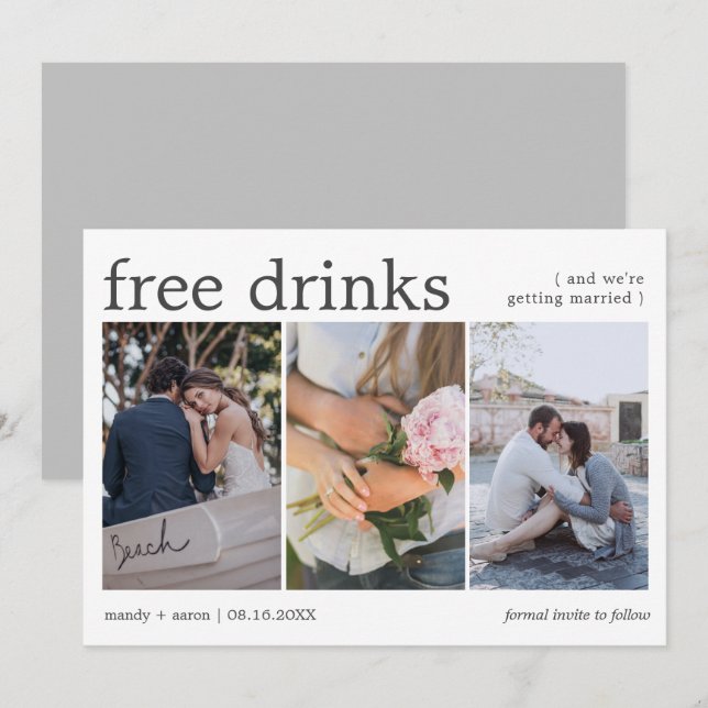 Reserva La Fecha Bebidas Gratis Elegantes Tres Fotos Boda (Anverso / Reverso)