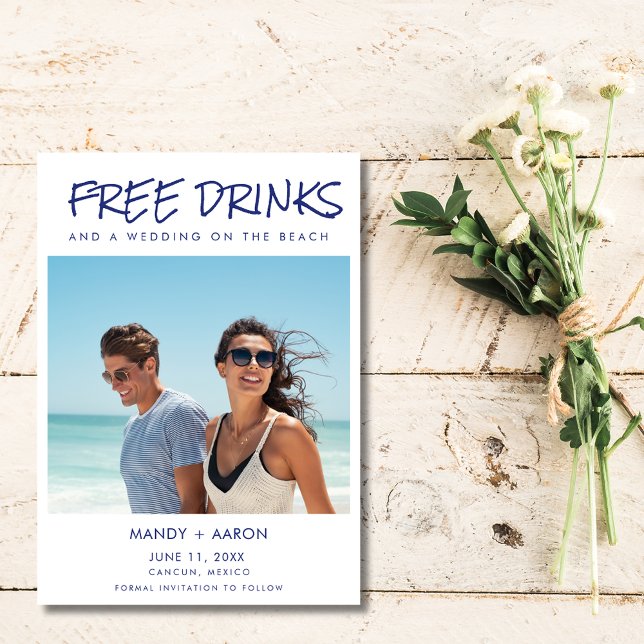 Reserva La Fecha Bebidas gratis en la playa Foto Boda de destino (Beachy Free Drinks Photo Destination Wedding Save The Date)
