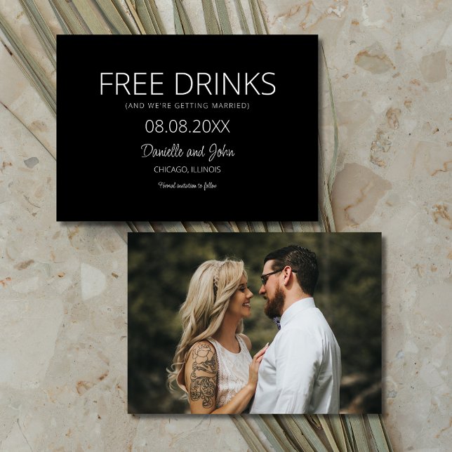 Reserva La Fecha Bebidas Gratis Foto Bodas Blanco y Negro (Free Drinks Black White Photo Wedding Save The Date)