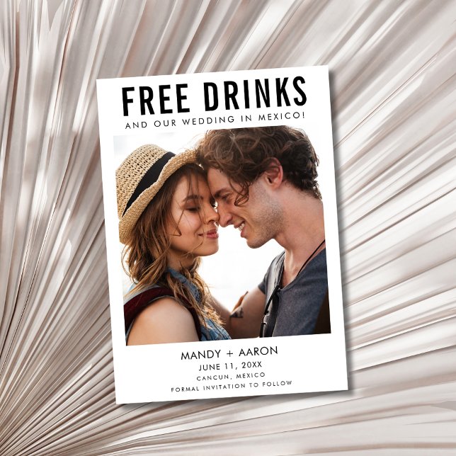 Reserva La Fecha Bebidas gratis Foto de boda de destino (Free Drinks Destination Wedding Save The Date)