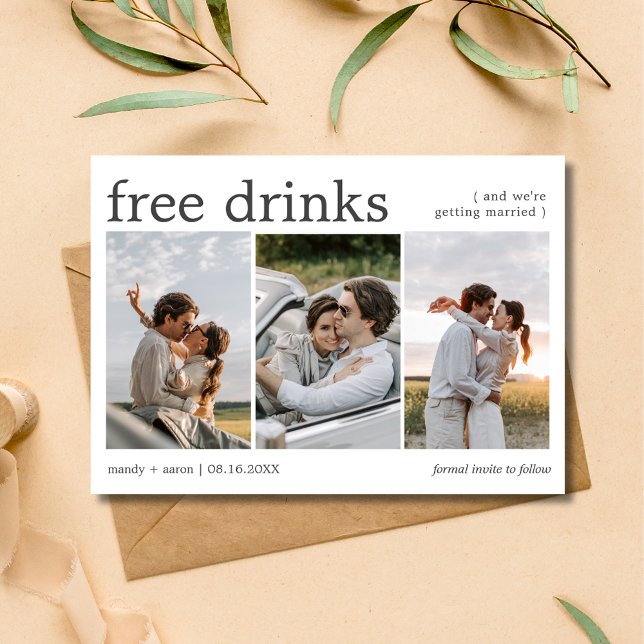 Reserva La Fecha Bebidas Gratis Tres Fotos de Compromiso Boda (Free Drinks Three Engagement Photo Wedding Save The Date)