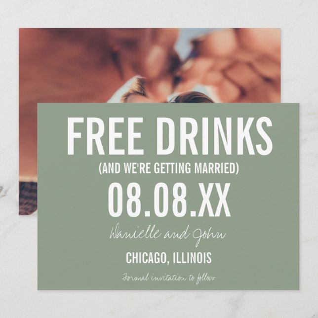 Reserva La Fecha Bebidas gratis Una boda de fotos verde salva la fe (Anverso / Reverso)