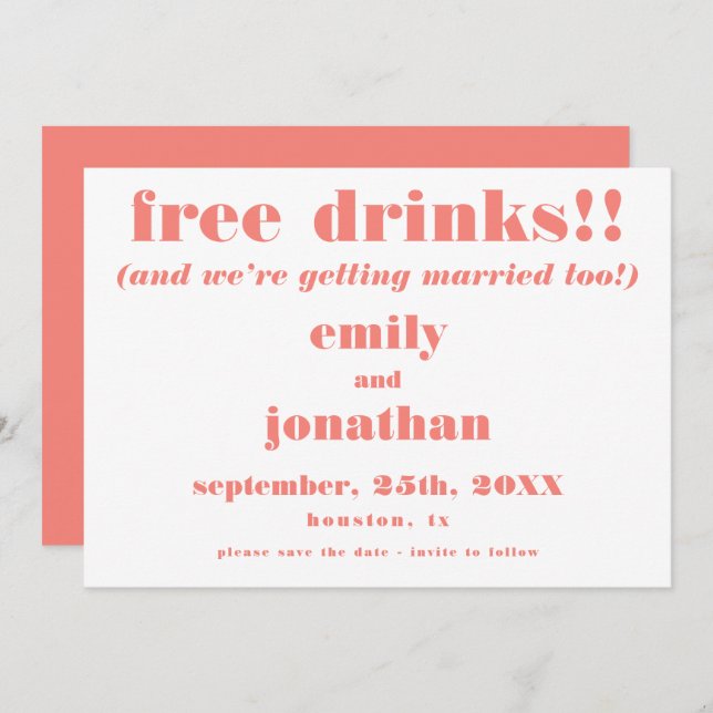 Reserva La Fecha Bebidas Gratuitas Boda De Coral Divertida Salven L (Anverso / Reverso)