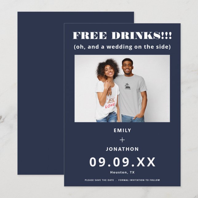 Reserva La Fecha Bebidas Gratuitas Foto Casual Navy White Guardar L (Anverso / Reverso)