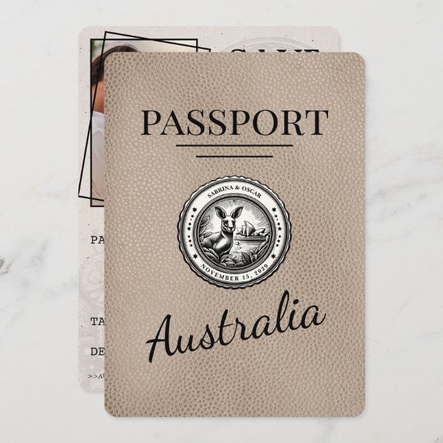 Reserva La Fecha Beige Australia Passport Save the Date (Anverso / Reverso)