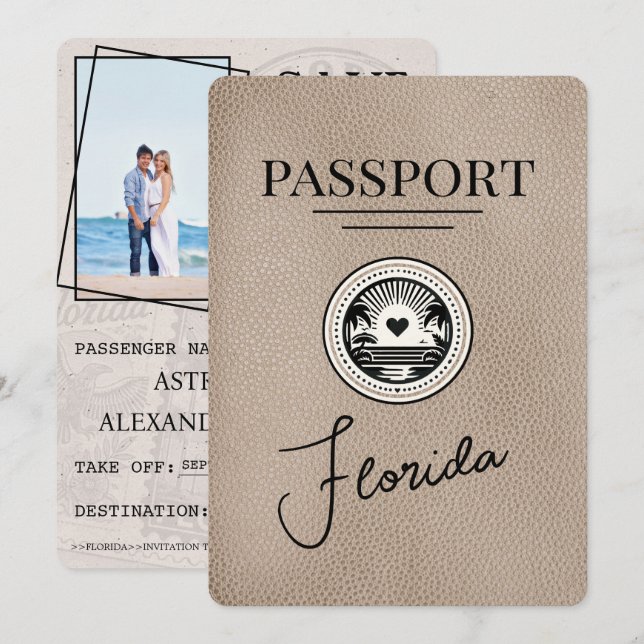 Reserva La Fecha Beige Florida Passport Save the Date (Anverso / Reverso)