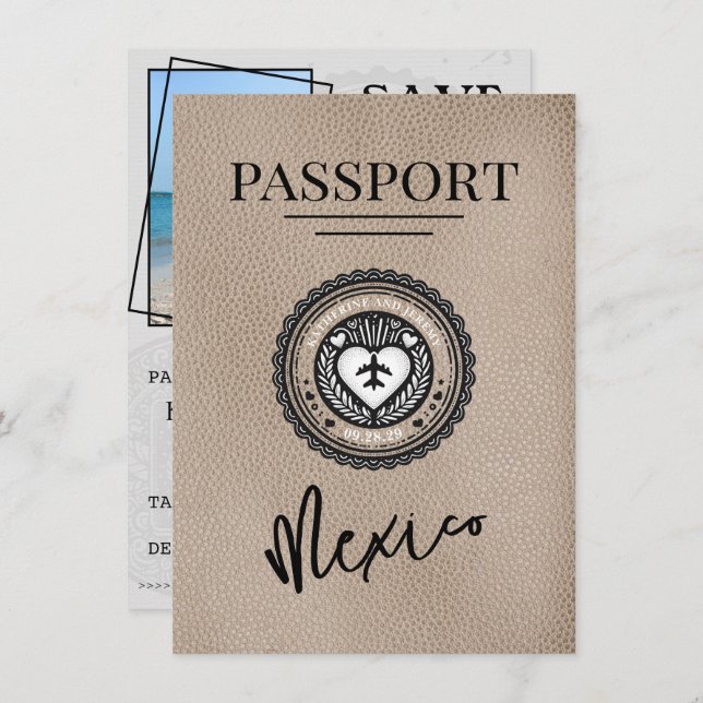 Reserva La Fecha Beige Mexico Passport Save the Date (Anverso / Reverso)