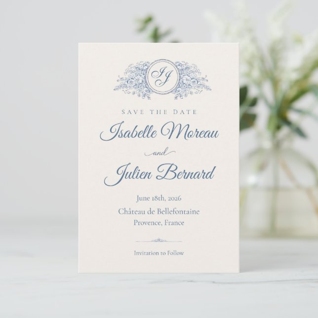 Reserva La Fecha Bellefontaine — French Blue Save the Date de Boda (Anverso de pie)
