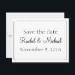 Reserva La Fecha Bello blanco y negro salva la fecha<br><div class="desc">Una hermosa tarjeta de guardar la fecha,  este diseño retrata un fondo blanco con un tipo de letra negro,  guardar la fecha de su boda con estas encantadoras invitaciones. Usando plantillas fáciles de usar,  personaliza la tuya hoy!</div>