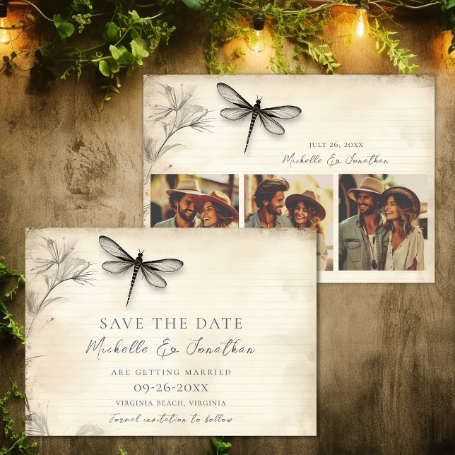 Reserva La Fecha Bello Boceto de Libélula Revista Antiguo Boda (Pretty Dragonfly Sketch Vintage Journal Wedding Save The Date)