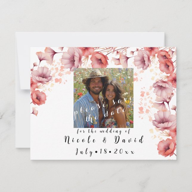 Reserva La Fecha Bello Rosa, Melocotón Fuzz, Boda de Acuarela (Anverso)