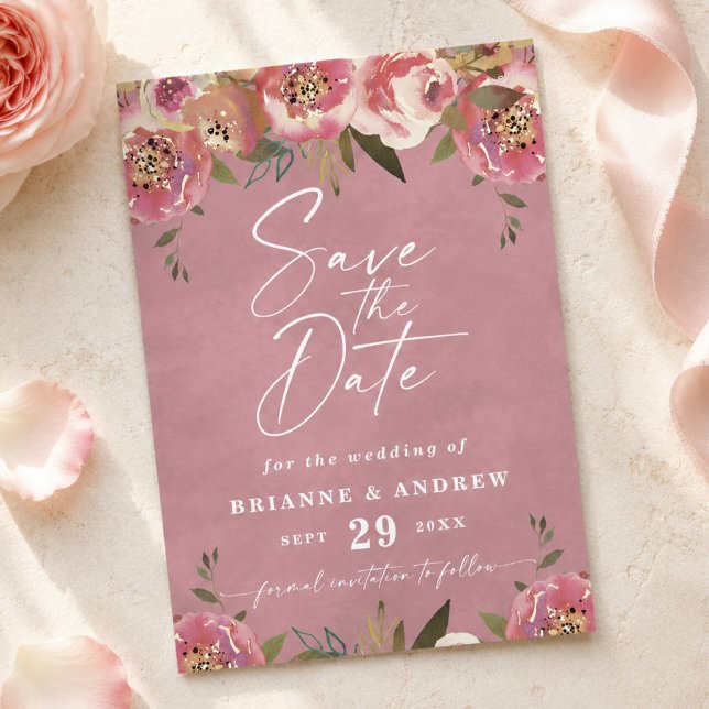 Reserva La Fecha Bello Rosa Salvaje Chic Foto Boda (Wild rose pink floral save the date cards)