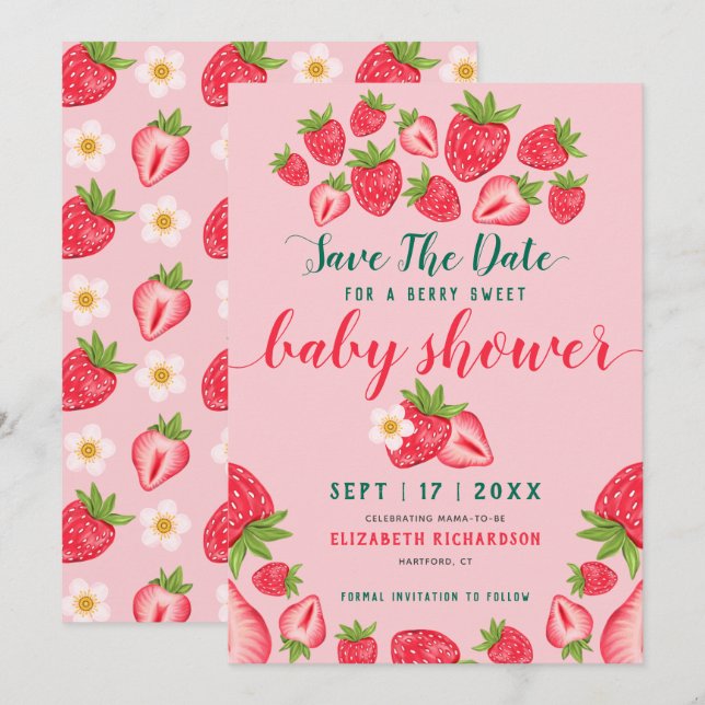 Reserva La Fecha Berry Sweet Strawberry Cute Pink Baby Shower (Anverso / Reverso)