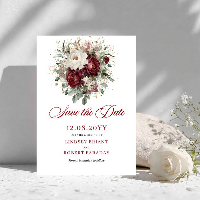 Reserva La Fecha Besar Botánico Burgundy Verde Salva la Fecha (Botanical Blush Burgundy Greenery Save The Date)