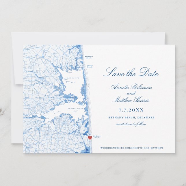 Reserva La Fecha Bethany Beach Delaware Map Elegant Blue Boda (Anverso)