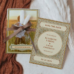 Reserva La Fecha Biblioteca | Elegante marco vintage clásico con fo<br><div class="desc">Estas magníficas bodas ahorran las tarjetas de fecha con un esquema de color neutro, con un marco antiguo ornamentado. El beige, el verde claro y el azul y los colores dorados mudos componen el diseño vintage que parece un plato de libro antiguo. La parte trasera de la tarjeta tiene espacio...</div>