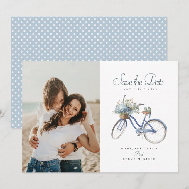 Reserva La Fecha Bicicleta azul Boda de acuarela bohemia (Anverso / Reverso)