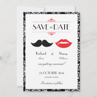 Reserva La Fecha Bigote y Labios Rojos, Negros y Blancos para Boda