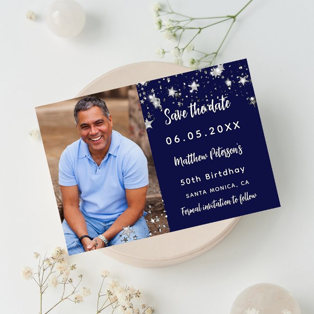 Reserva La Fecha Birthday navy blue silver photo save the date (Subido por el creador)