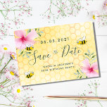 Reserva La Fecha Birthday party pink florals yellow honeycomb bees<br><div class="desc">Happy smiling bees,  pink flowers and yellow honeycomb as background.   Personalize and add a date and name. Black colored letters.  The text: Save the Date is written with a large trendy hand lettered style script.</div>