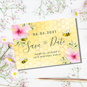 Reserva La Fecha Birthday party pink florals yellow honeycomb bees